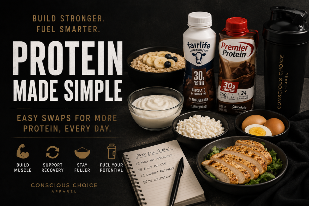 Simple Ways to Increase Protein for Muscle Growth High protein foods and protein shakes including Fairlife and Premier Protein for muscle building and easy healthy recipe swaps