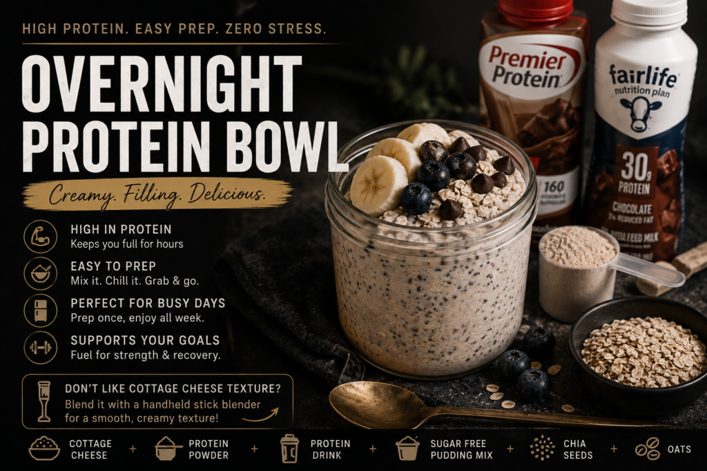The Overnight Protein Bowl That Tastes Like Dessert Creamy overnight protein bowl made with cottage cheese, oats, chia seeds, protein powder, and protein drinks for a filling high protein breakfast or snack